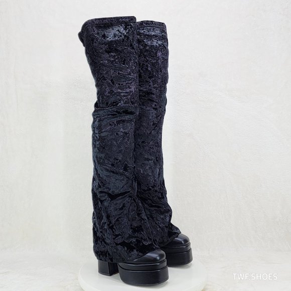 Unique Thigh High Black Velvet Fold over Skirted Chunky Heel Platform Boots - Picture 11 of 17